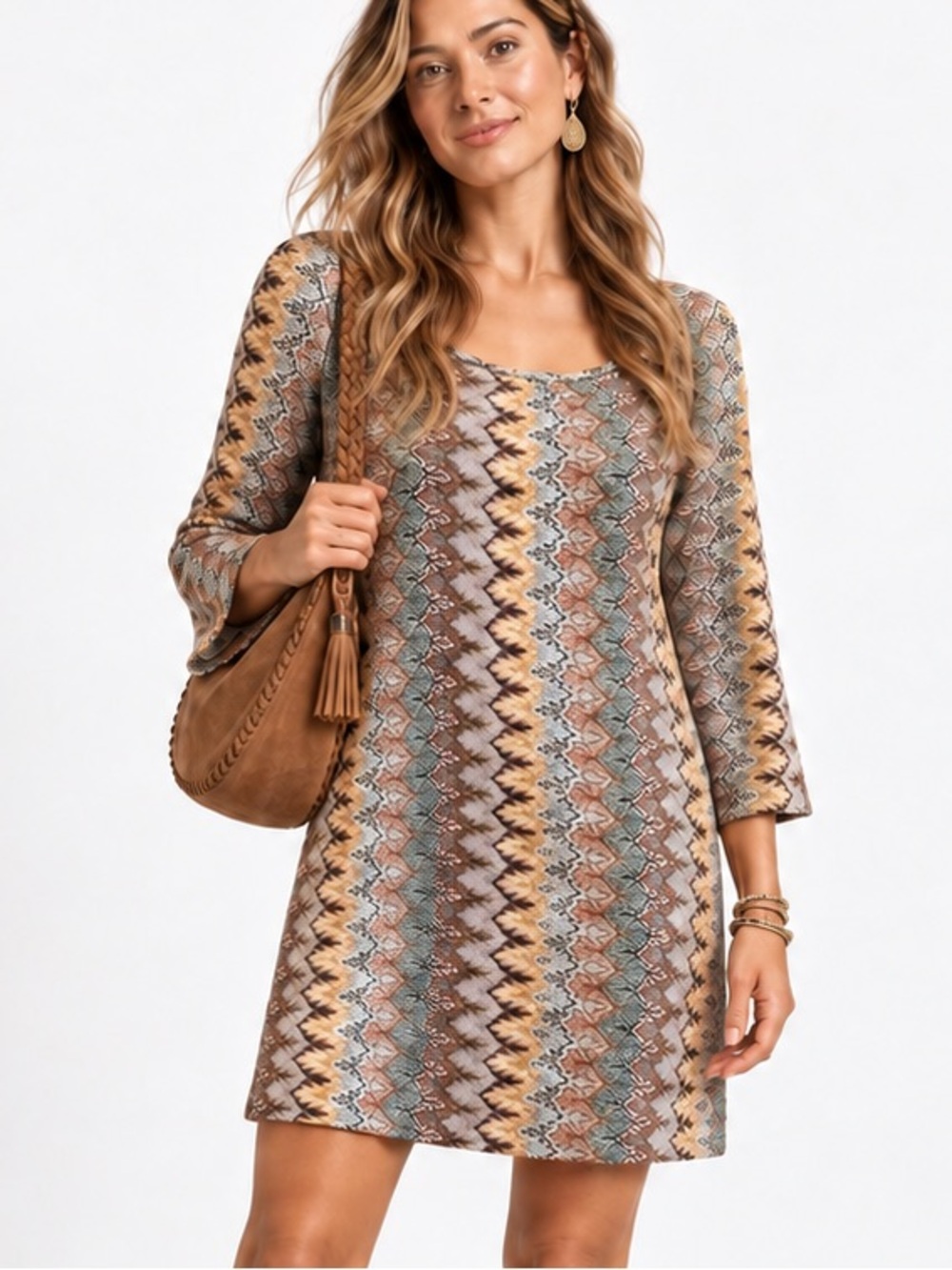 ISLE Apparel Retro Mini Shift Dress Chevron Knit Bell Sleeves Boho Chic Medium
